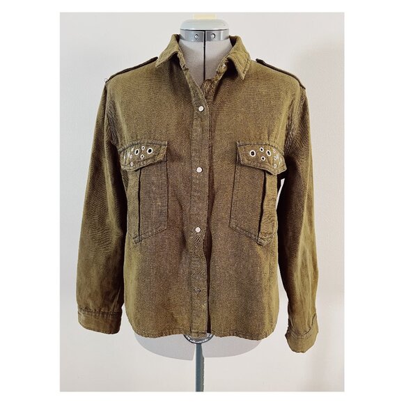 Zara Woman Sz S Denim Collection Cotton Canvas Olive Drab Grommet Detail Shirt - Picture 1 of 7